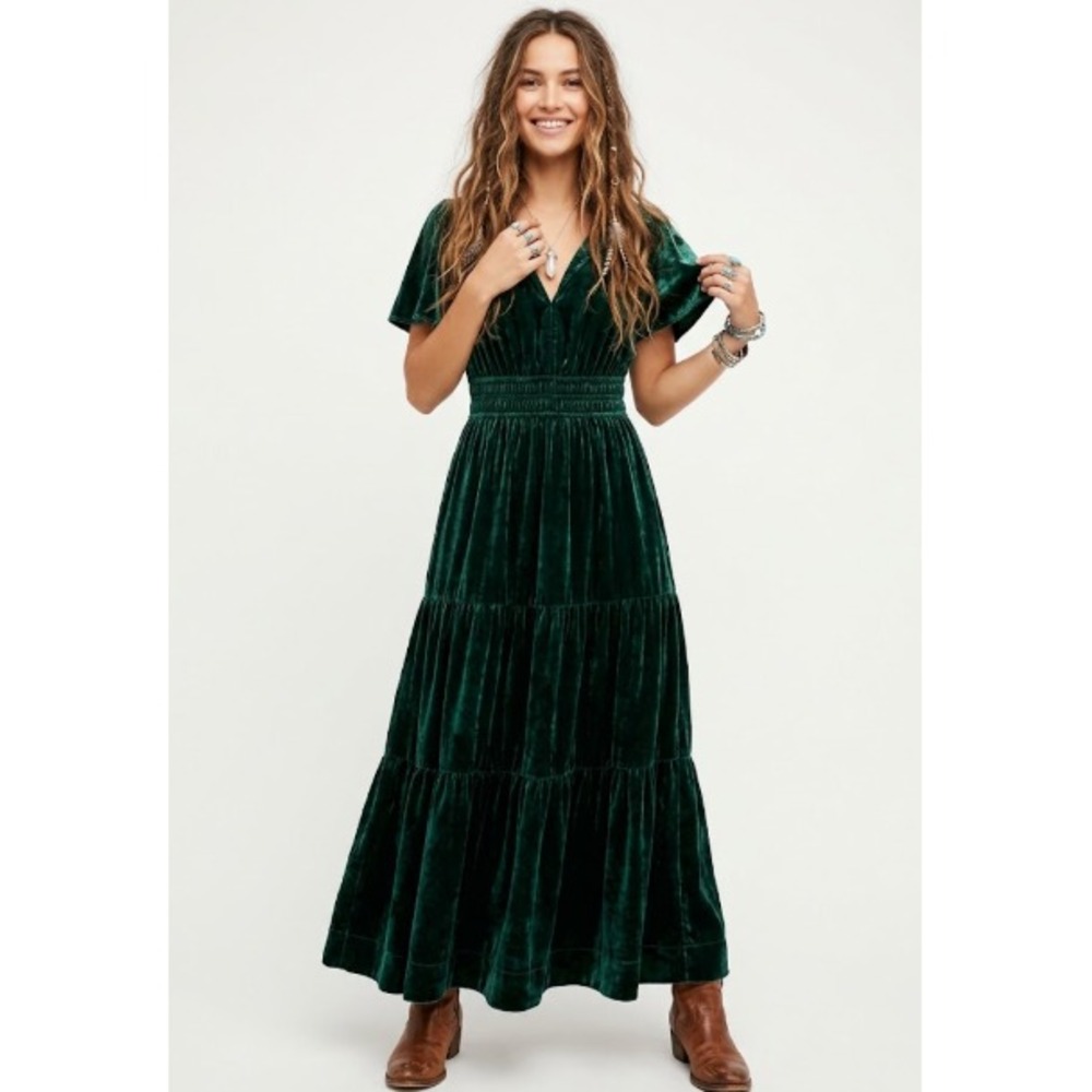 Anthropologie The Somerset Maxi Dress Velvet Edition Dark Green Small Tiered